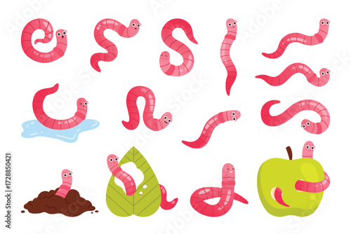 Funny pink worms set. Cute happy earthworms characters eat apple or green leaf, mascots with different expressions and joy crawl in garden soil, compost worms walk cartoon vector illustration