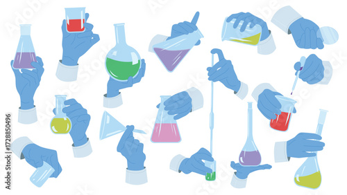 Hands of scientists holding laboratory test tubes and beakers set. Hands in blue gloves hold flasks with samples of chemical liquid for lab experiment, dropper, funnel cartoon vector illustration