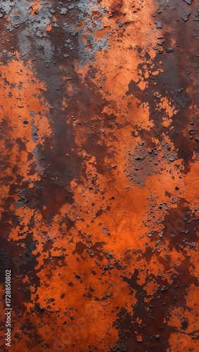  an abstract, textured surface with a predominantly rusty orange and brown color palette. The style is reminiscent of a close-up view of a corroded metal surface