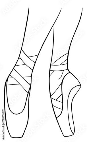 Graceful ballet dancer's pointe shoes en pointe, showcasing elegance and dedication in a clean, artistic line style for aspiring artists.