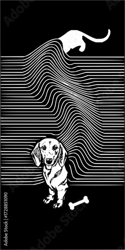 Whimsical dachshund sitting patiently with a playful cat figure above, amidst a wave of abstract lines, perfect for creative projects.