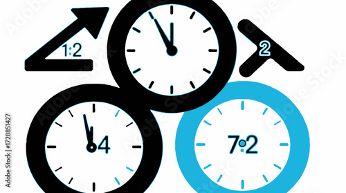 A graphic illustration showing four clocks with different times and arrows, representing time management.
