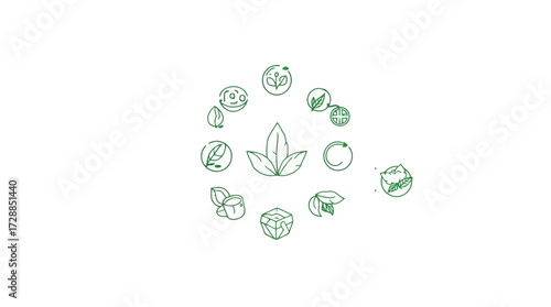 Circular arrangement of green line art icons depicting various plants, leaves, and organic elements, centered around a stylized leaf cluster.