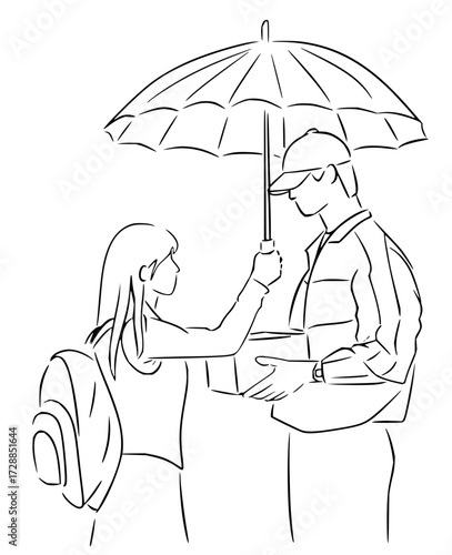 Kind stranger shares umbrella and helps with package during unexpected rain shower, conveying care and community spirit.