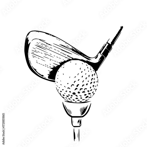 Iconic golf club poised to strike a dimpled ball perfectly resting on a tee, ready for a championship swing