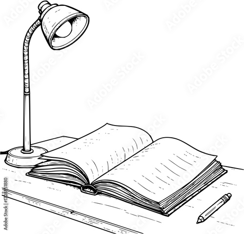 Open book and desk lamp creating a cozy atmosphere for late night studying or creative inspiration