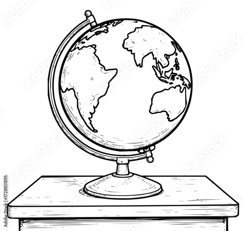 Vintage hand drawn globe on desk evokes classic education and global exploration, perfect for learning and travel themes.