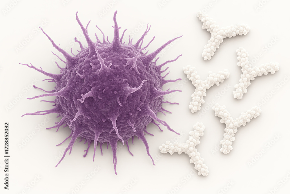 Fototapeta premium Microscopic view of a virus particle being attacked by antibodies. This 3D illustration depicts the immune system's response to a pathogen, highlighting the complex interactions at a cellular level, r