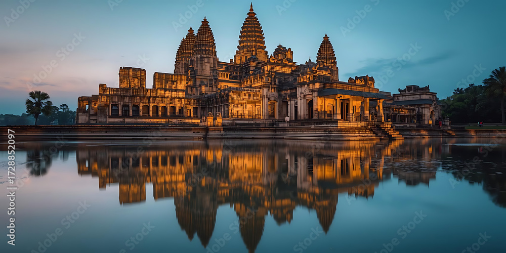 Fototapeta premium Dusk View of Angkor Wat with Golden Illumination