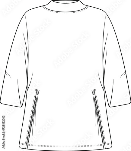 Long sleeve tunic technical sketch, high neck top fashion flat, zip pocket garment design, sewing pattern, cad drawing flat vector illustration
