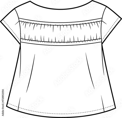 Short sleeve blouse technical sketch, round neck top fashion flat, pleated yoke garment design, sewing pattern, cad drawing flat vector illustration