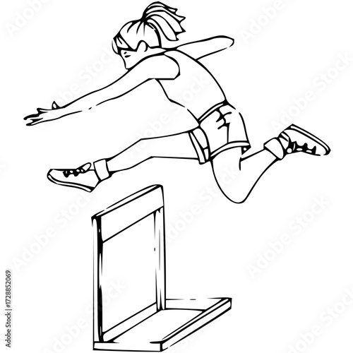 Dynamic athlete leaps over hurdle in powerful athletic competition, showcasing speed and determination for victory.