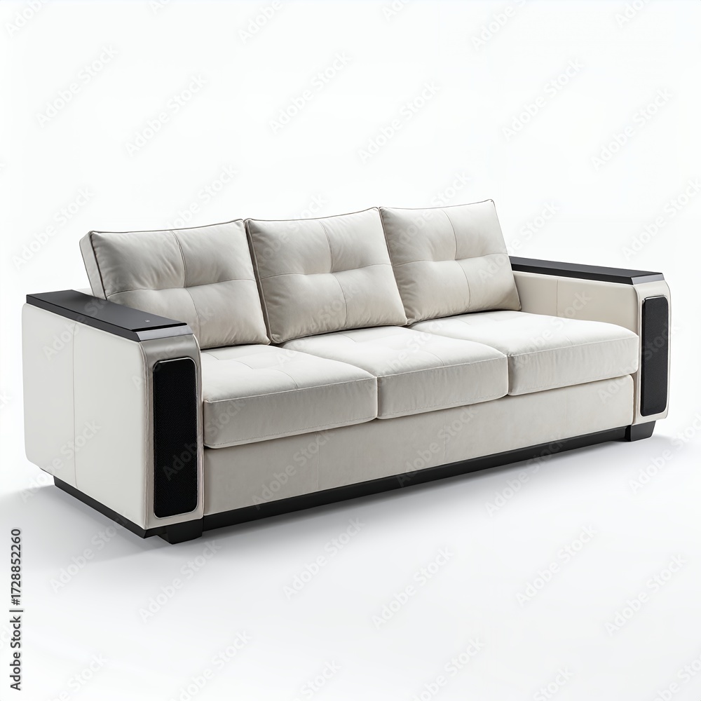 Fototapeta premium Elegant minimalist sofa featuring clean lines, neutral tones on pristine white background