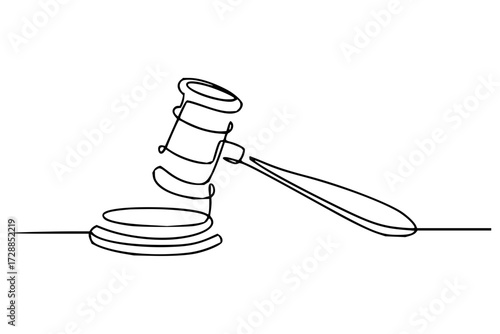 Dynamic single line art portrays a judge's gavel symbolizing justice, law, and important decisions for legal and business themes