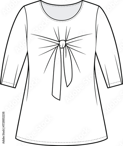 Tunic top technical sketch, sunburst pleat front fashion flat, ribbon knot detail design, cad drawing flat vector illustration, sewing pattern