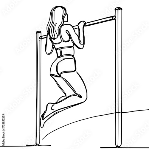 Fit woman performing intense pull-up exercise dynamically on horizontal bar for powerful strength training and athletic achievement