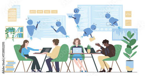 Program code development with help of AI, artificial intelligence tools for coding. Tiny programmers work on laptops, develop software or mobile app code, robots assist cartoon vector illustration
