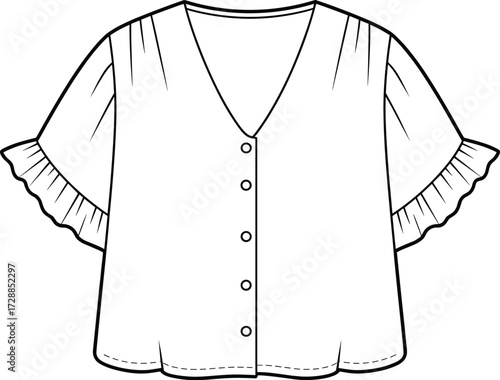 V-neck blouse technical sketch, button front top fashion flat, ruffle sleeve gathered detail design, cad drawing flat vector illustration
