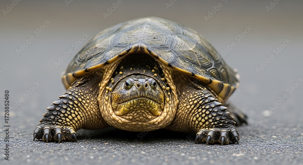 Obraz premium Aggressive Turtle Crawls on Asphalt Road.