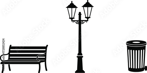 bench, lamp, trash, can, silhouette, vector, design, furniture, park, street, outdoor, urban, public, space, equipment, object, illustration, icon, decoration, lamp, trash, can, s