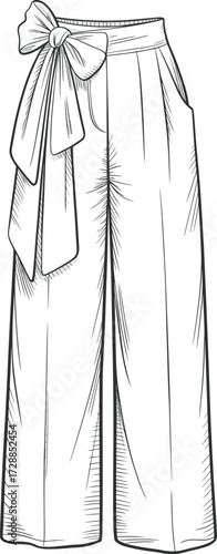 Wide-leg pants technical sketch, high waist bow tie fashion flat, side pocket detail design, cad drawing flat vector illustration, sewing pattern