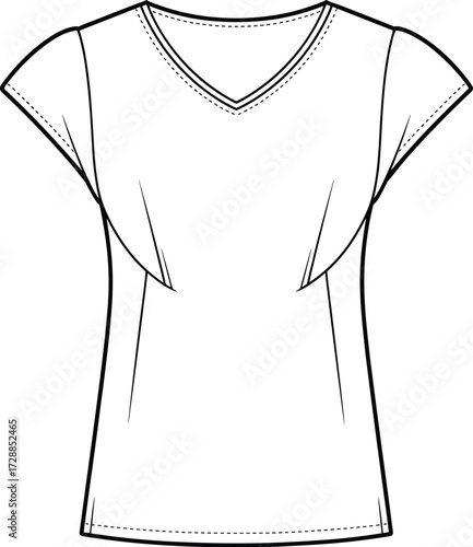 V-neck top technical sketch, cap sleeve fitted silhouette fashion flat, bust dart shaping design, cad drawing flat vector illustration, sewing pattern