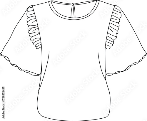 Women’s flutter sleeve blouse with ruffle detail, fashion flat sketch, front view, technical CAD drawing, vector apparel illustration