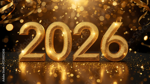 2026 Happy New Year celebration with shiny golden numbers, sparkling lights, confetti, and elegant festive background in luxury holiday style and glamour.