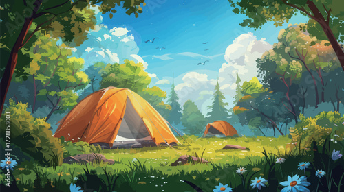 Two bright orange tents are arranged on soft grass in a vibrant forest. Sunlight streams through the trees, creating a serene atmosphere with colorful flowers.