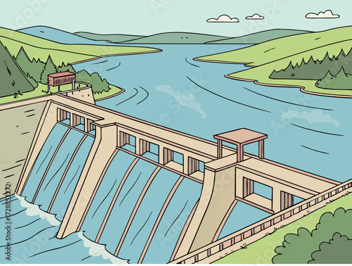 Dam with Multiple Spillways, Control Rooms, Flowing River Through Structure Amid Green Hills and Trees Under Partly Cloudy Sky