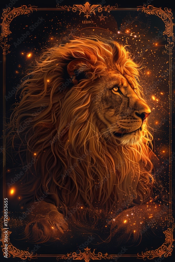 Naklejka premium Majestic Lion Portrait with Shimmering Golden Mane Against a Starry Night Background, Capturing the Regal Essence of Wild Nature and Its Beauty