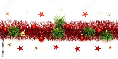Christmas tinsel border decoration isolated on a clean white background