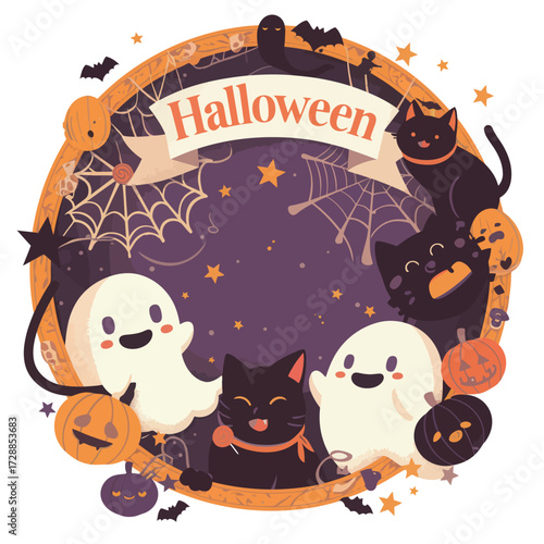 Playful Halloween scene features friendly ghosts, a happy black cat, and carved pumpkins among cheerful decorations like bats and spider webs.