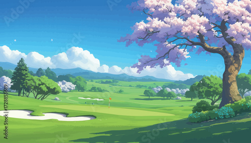 A serene golf course features a cherry blossom tree beside a green fairway. Fluffy clouds float in the bright blue sky, creating a peaceful atmosphere.