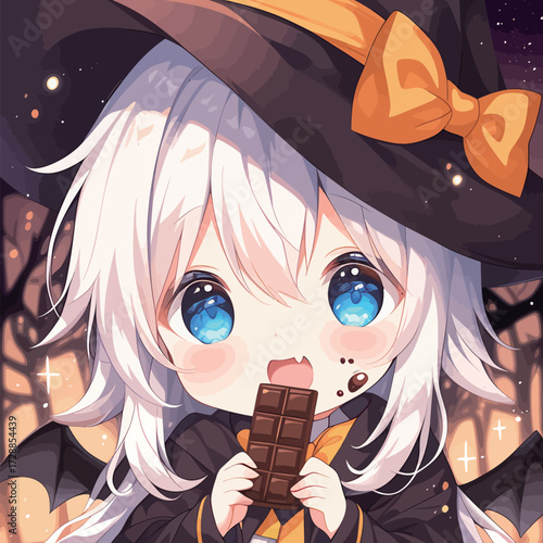 A charming witch with white hair and blue eyes is happily eating a chocolate bar.