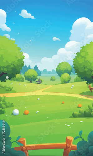 Bright green fields stretch under a clear blue sky, dotted with fluffy white clouds. Trees provide shade as colorful fruits lie scattered along the path.