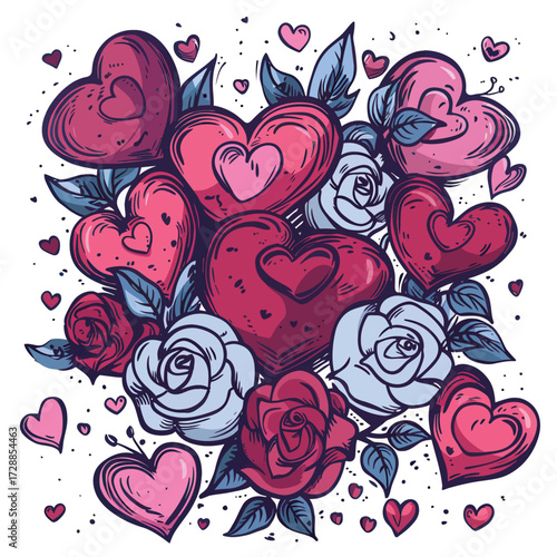 A vibrant arrangement of red and pink hearts alongside white and red roses, perfect for conveying love and affection during special celebrations or events.