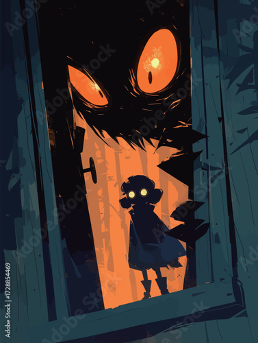 In a dimly lit forest, a child stands at the threshold of an eerie cabin, staring wide-eyed at a lurking shadowy creature with glowing eyes.