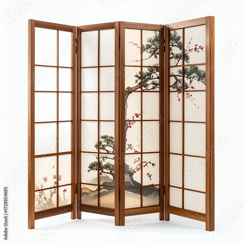 Wooden folding screen adorned with delicate botanical illustrations, offering privacy white background