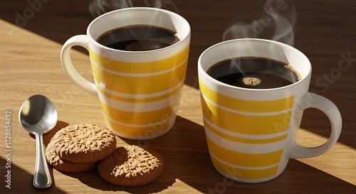Two steaming coffee mugs with yellow and white stripes and cookies beverage