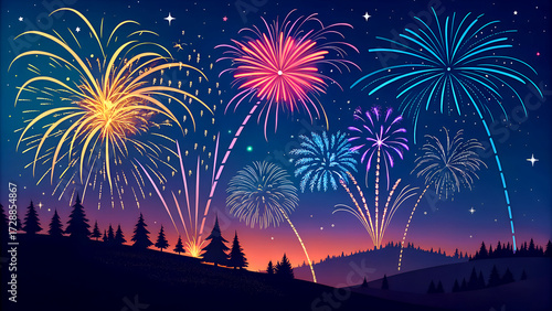 Colorful fireworks lighting up the dark night sky with space for text