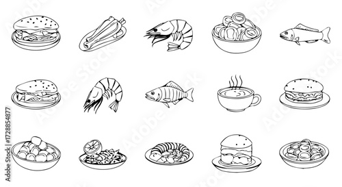 Set of hand-drawn food icons featuring burgers, seafood, and vegetables. Black and white doodle collection for menu or culinary design