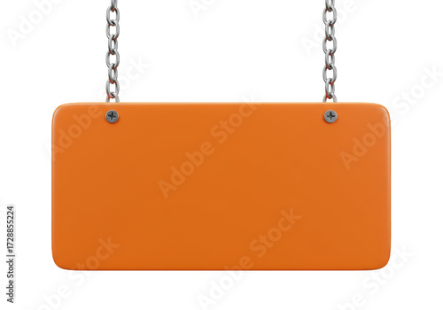 Orange sign PNG on transparent background isolated hanging from chains with screws for text or graphics design element