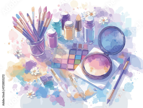 Makeup tools and containers are neatly arranged on a colorful surface, creating an artistic scene filled with various shades and hues.