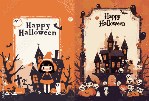 Colorful artwork depicts a cheerful witch among haunted houses, pumpkins, ghosts, and spooky trees, celebrating Halloween with vibrant decorations.