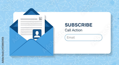 Email marketing concept showing a newsletter in an open envelope next to a subscription call to action form.