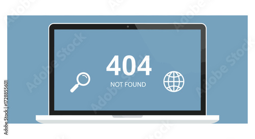 A laptop computer displaying a 404 Not Found error message on its screen, with search and web icons.