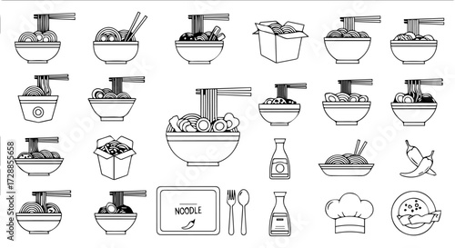 Minimalist monochrome line art vector icons featuring a wide variety of delicious Asian noodle dishes, serving bowls, take-out options, and essential culinary tools