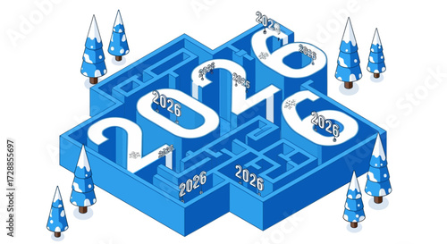Isometric maze in the shape of the year 2026, with snowy trees.