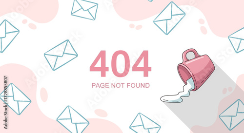Error 404 page not found illustration with spilled milk and envelopes on a pink background.